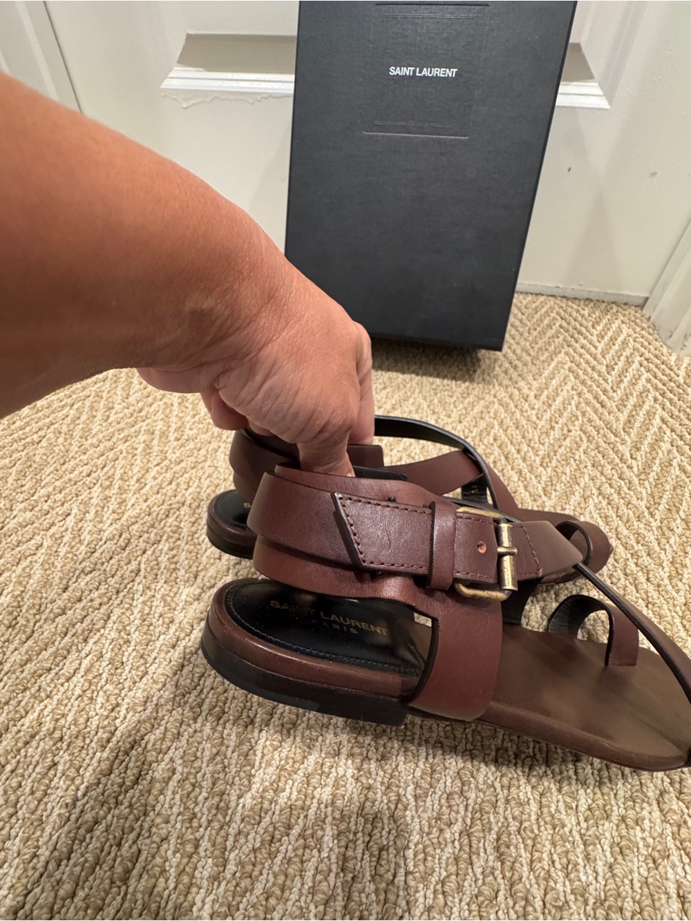 Saint Laurent Hiandra Brown Leather Gladiator Flat Sandals 38.5 EU w/ Box - Picture 7 of 9